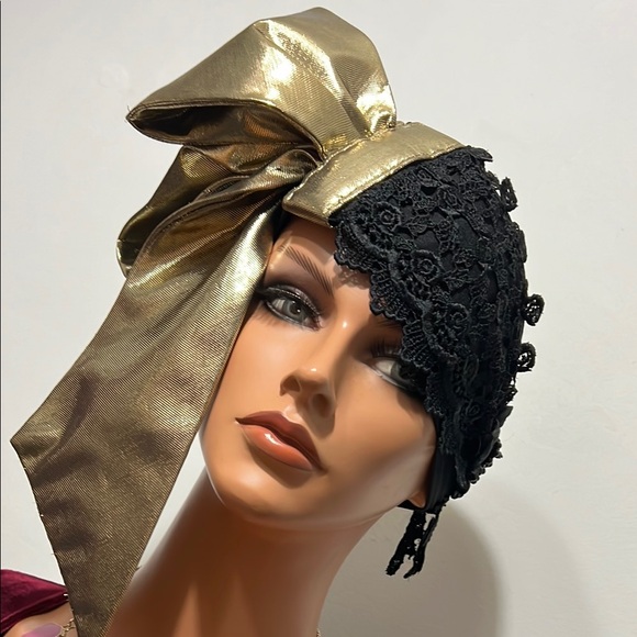 Elegant Black and Gold Lace Hat with Bow main image 13